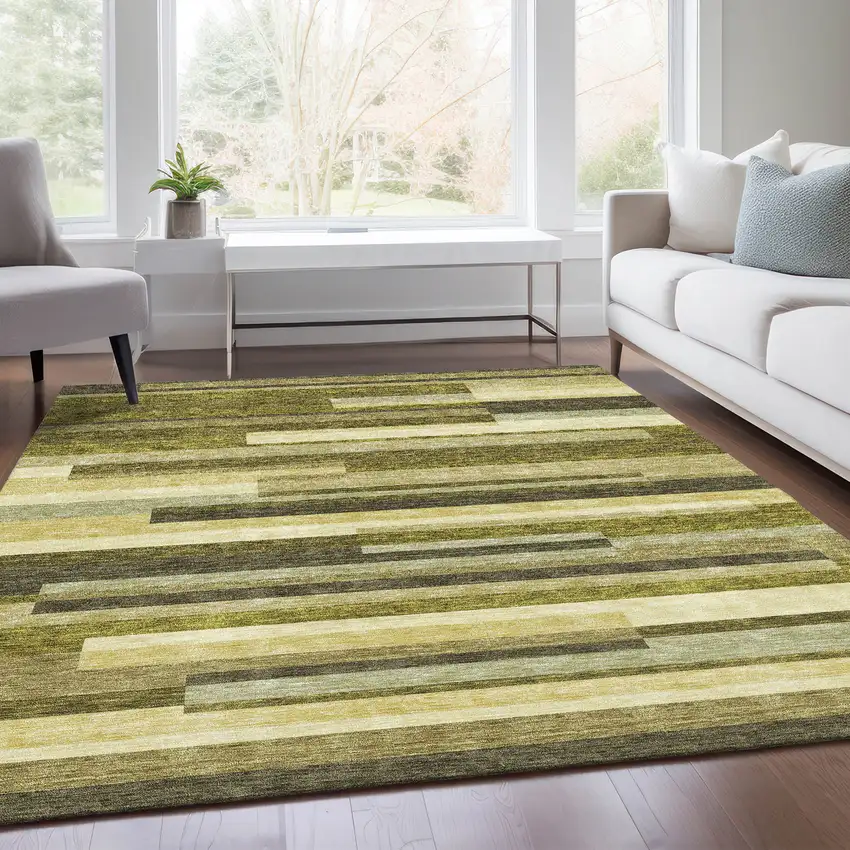 Olive Green Ivory And Beige Striped Washable Area Rug With UV Protection Photo 5