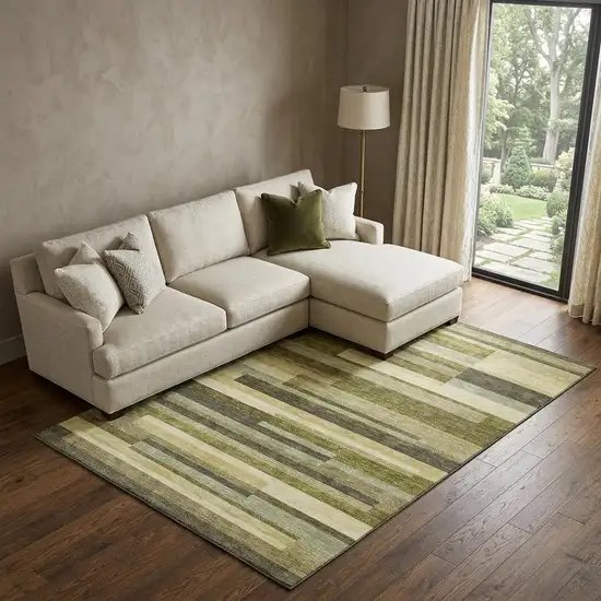 Olive Green Ivory And Beige Striped Washable Area Rug With UV Protection Photo 1