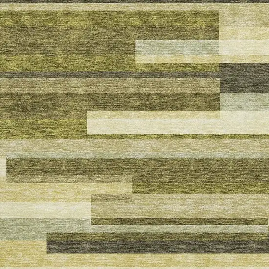 Olive Green Ivory And Beige Striped Washable Area Rug With UV Protection Photo 2
