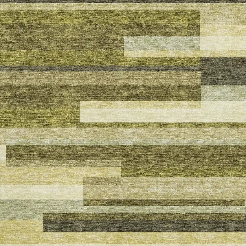 Olive Green Ivory And Beige Striped Washable Area Rug With UV Protection Photo 2
