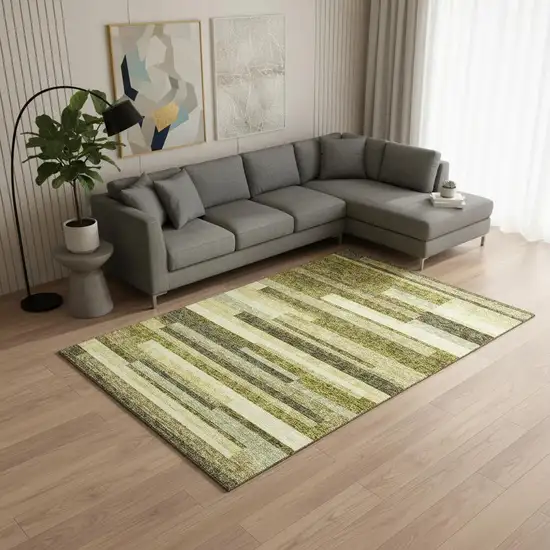 Olive Green Ivory And Beige Striped Washable Area Rug With UV Protection Photo 2