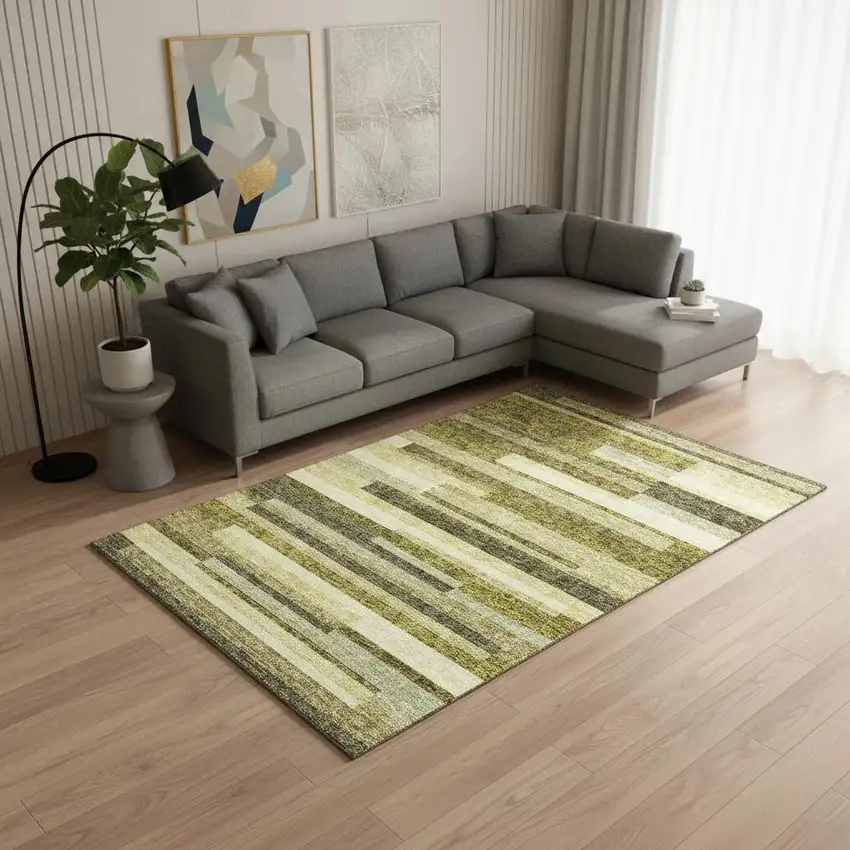 Olive Green Ivory And Beige Striped Washable Area Rug With UV Protection Photo 2