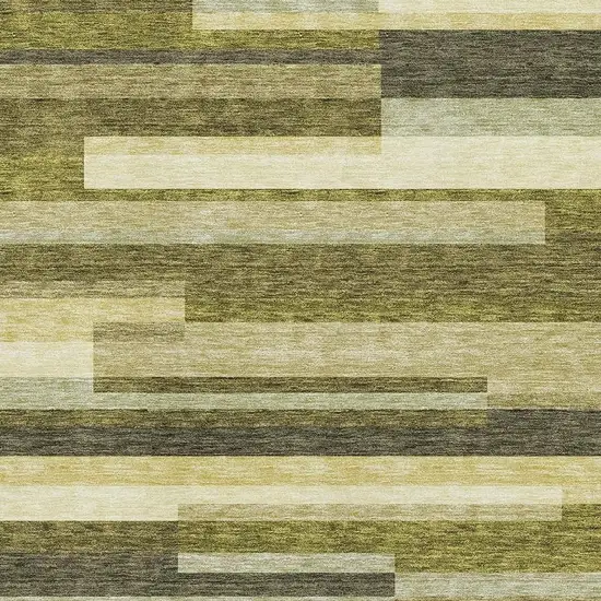 Olive Green Ivory And Beige Striped Washable Area Rug With UV Protection Photo 2