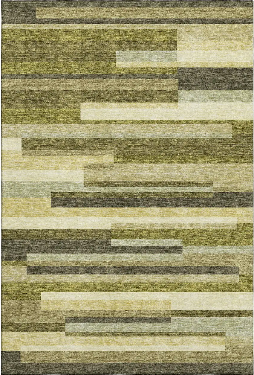 Olive Green Ivory And Beige Striped Washable Area Rug With UV Protection Photo 1