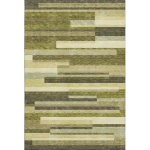 Photo of Olive Green Ivory And Beige Striped Washable Area Rug With UV Protection