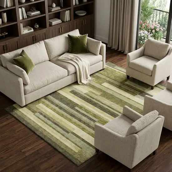 Olive Green Ivory And Beige Striped Washable Area Rug With UV Protection Photo 1