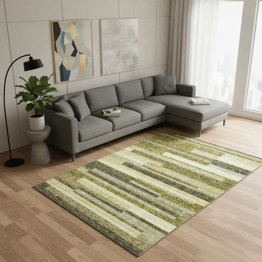 Olive Green Ivory And Beige Striped Washable Area Rug With UV Protection Photo 2