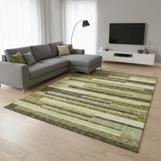 Olive Green Ivory And Beige Striped Washable Area Rug With UV Protection Photo 2