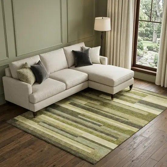 Olive Green Ivory And Beige Striped Washable Area Rug With UV Protection Photo 1