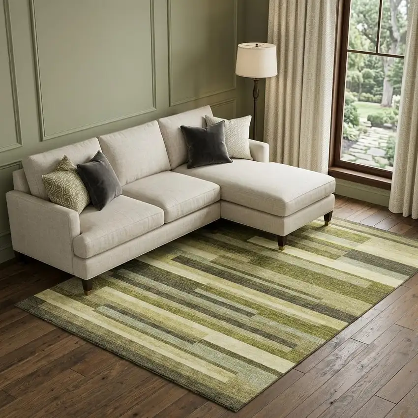 Olive Green Ivory And Beige Striped Washable Area Rug With UV Protection Photo 1