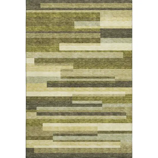 Olive Green Ivory And Beige Striped Washable Area Rug With UV Protection Photo 1