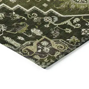 Photo of Olive Green Ivory And Brown Oriental Washable Indoor Outdoor Area Rug