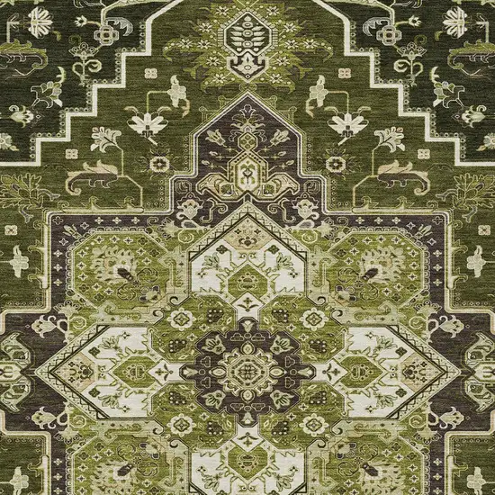 Olive Green Ivory And Brown Oriental Washable Indoor Outdoor Area Rug Photo 6