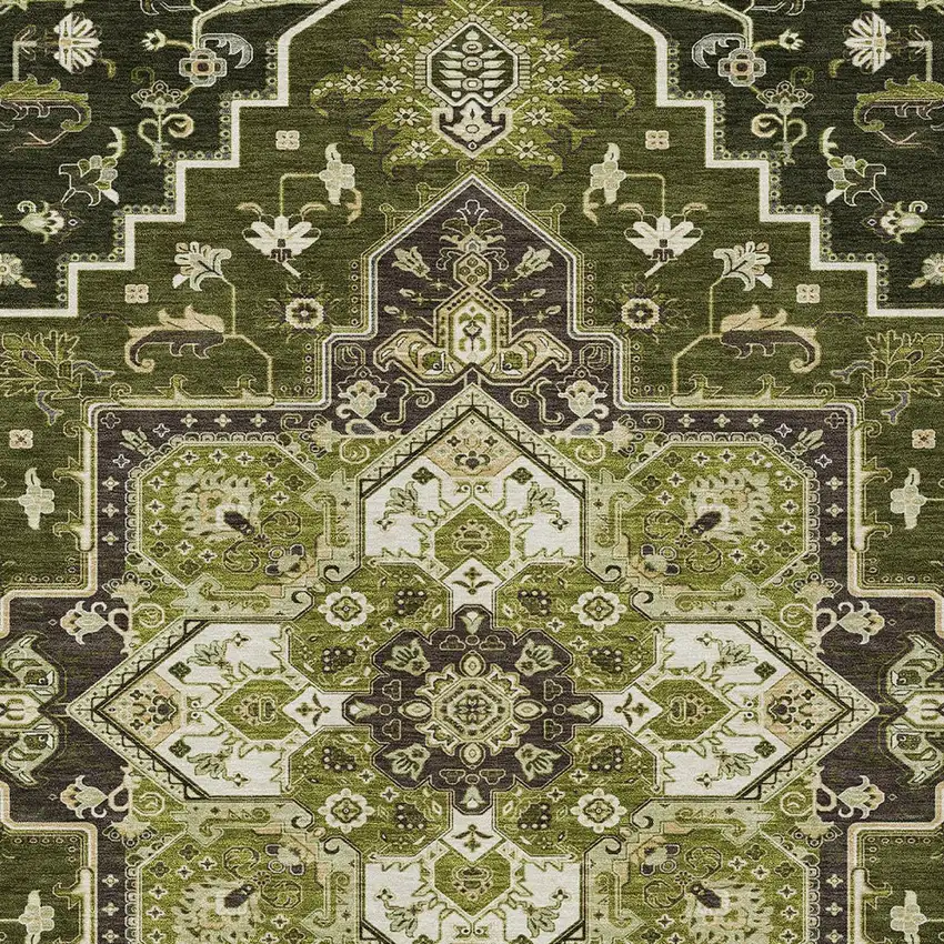 Olive Green Ivory And Brown Oriental Washable Indoor Outdoor Area Rug Photo 6