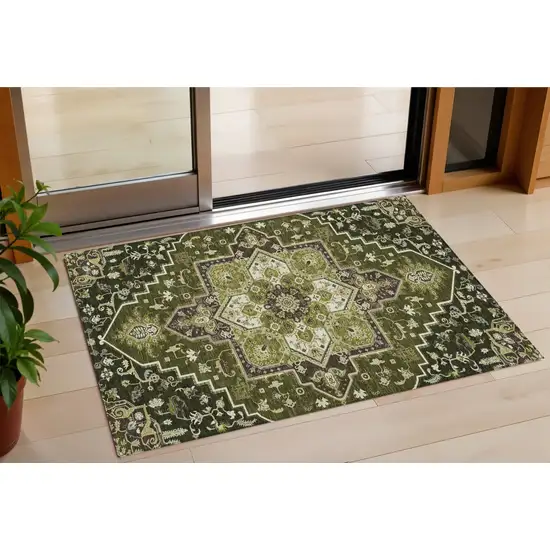 Olive Green Ivory And Brown Oriental Washable Indoor Outdoor Area Rug Photo 1