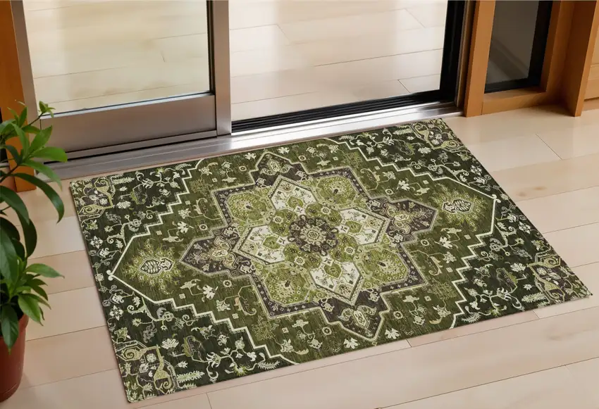 Olive Green Ivory And Brown Oriental Washable Indoor Outdoor Area Rug Photo 1