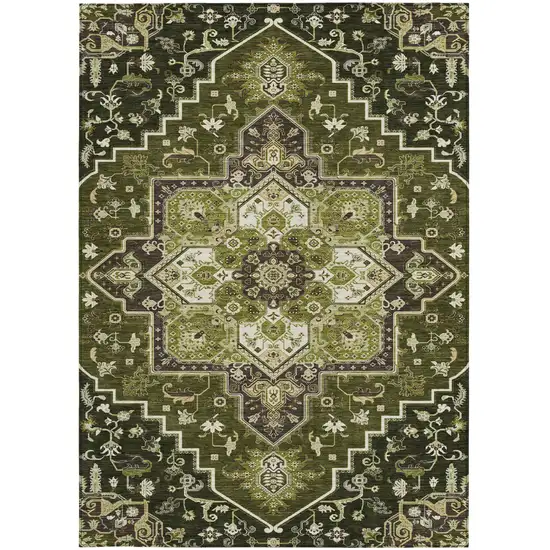Olive Green Ivory And Brown Oriental Washable Indoor Outdoor Area Rug Photo 8