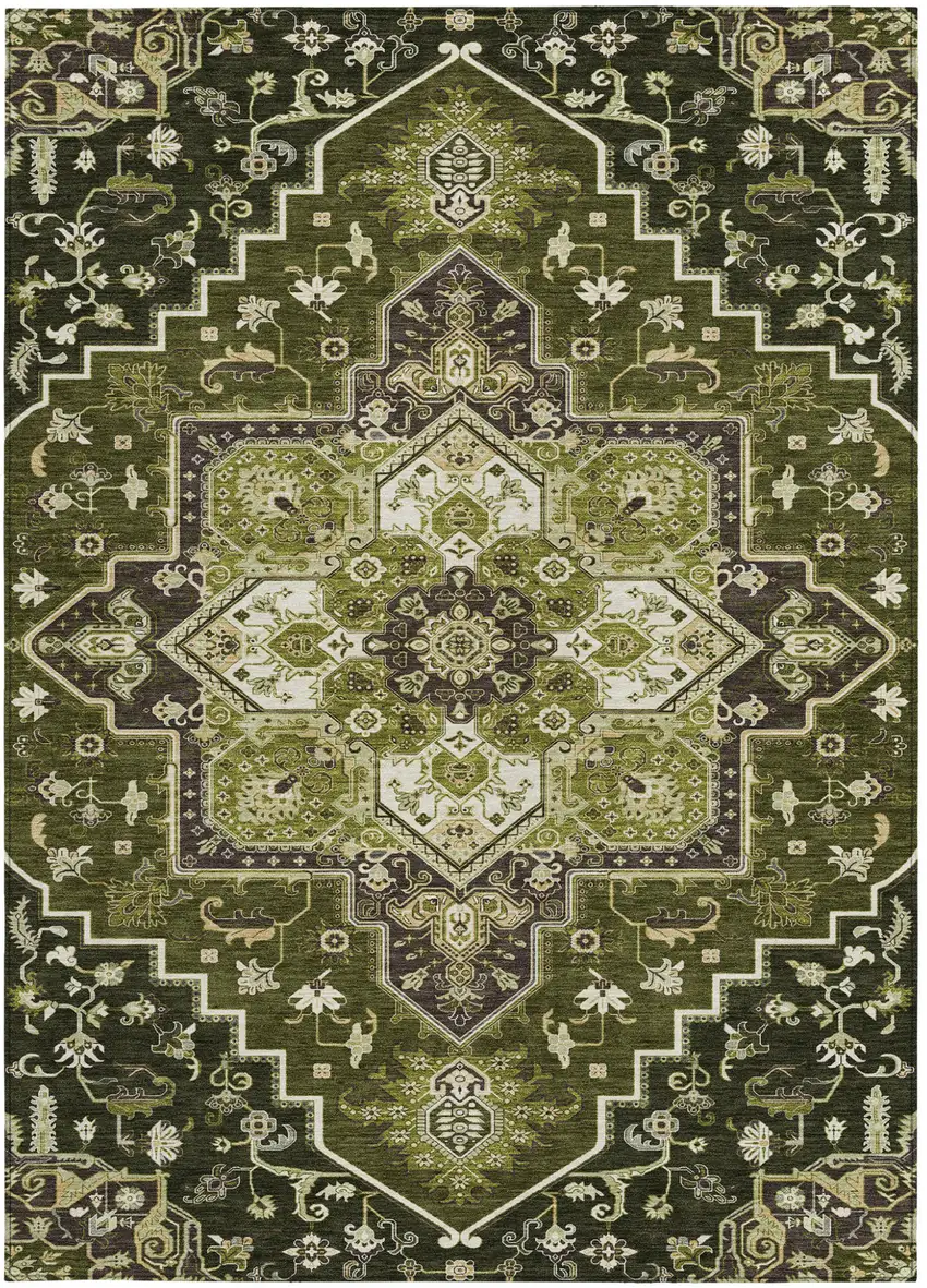 Olive Green Ivory And Brown Oriental Washable Indoor Outdoor Area Rug Photo 8