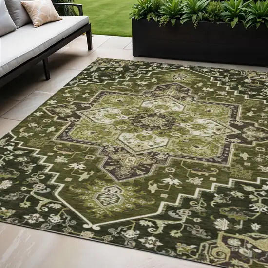 Olive Green Ivory And Brown Oriental Washable Indoor Outdoor Area Rug Photo 1