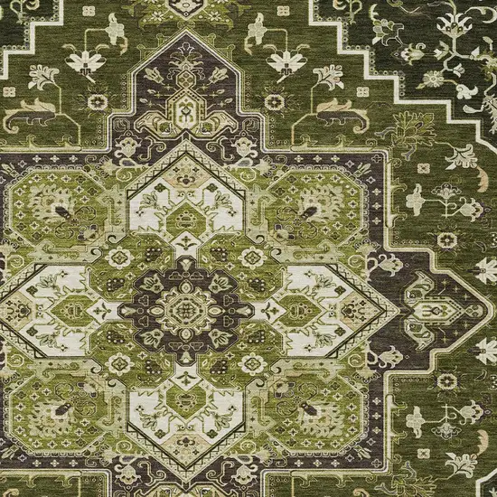 Olive Green Ivory And Brown Oriental Washable Indoor Outdoor Area Rug Photo 5