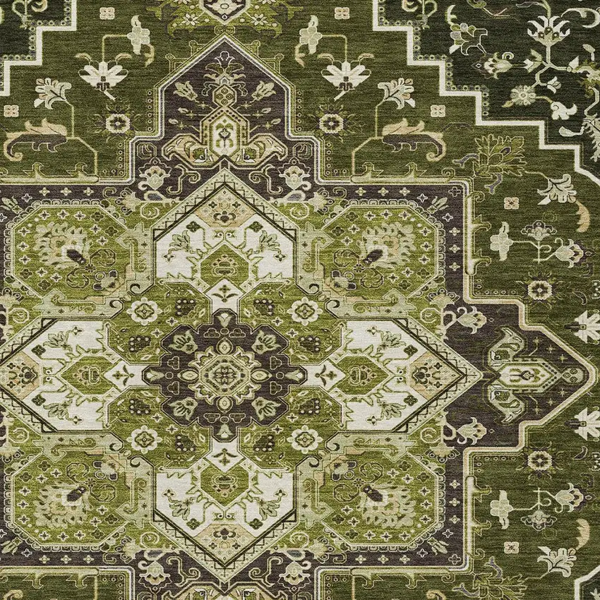 Olive Green Ivory And Brown Oriental Washable Indoor Outdoor Area Rug Photo 5