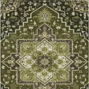 Photo of Olive Green Ivory And Brown Oriental Washable Indoor Outdoor Area Rug