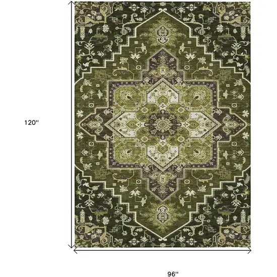 Olive Green Ivory And Brown Oriental Washable Indoor Outdoor Area Rug Photo 3
