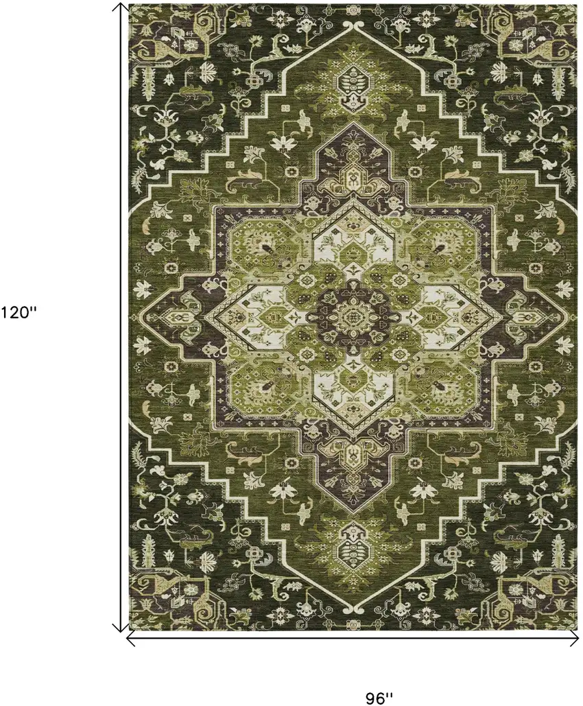 Olive Green Ivory And Brown Oriental Washable Indoor Outdoor Area Rug Photo 3