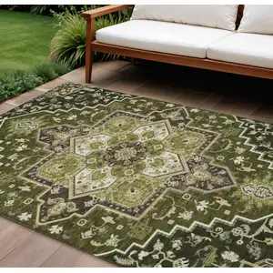 Photo of Olive Green Ivory And Brown Oriental Washable Indoor Outdoor Area Rug