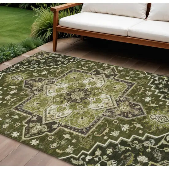 Olive Green Ivory And Brown Oriental Washable Indoor Outdoor Area Rug Photo 1