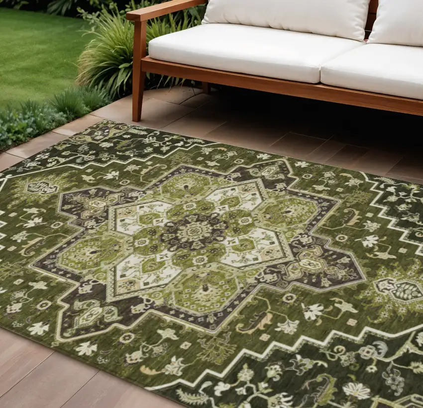 Olive Green Ivory And Brown Oriental Washable Indoor Outdoor Area Rug Photo 1