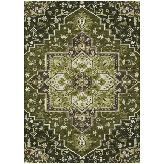 Olive Green Ivory And Brown Oriental Washable Indoor Outdoor Area Rug Photo 2