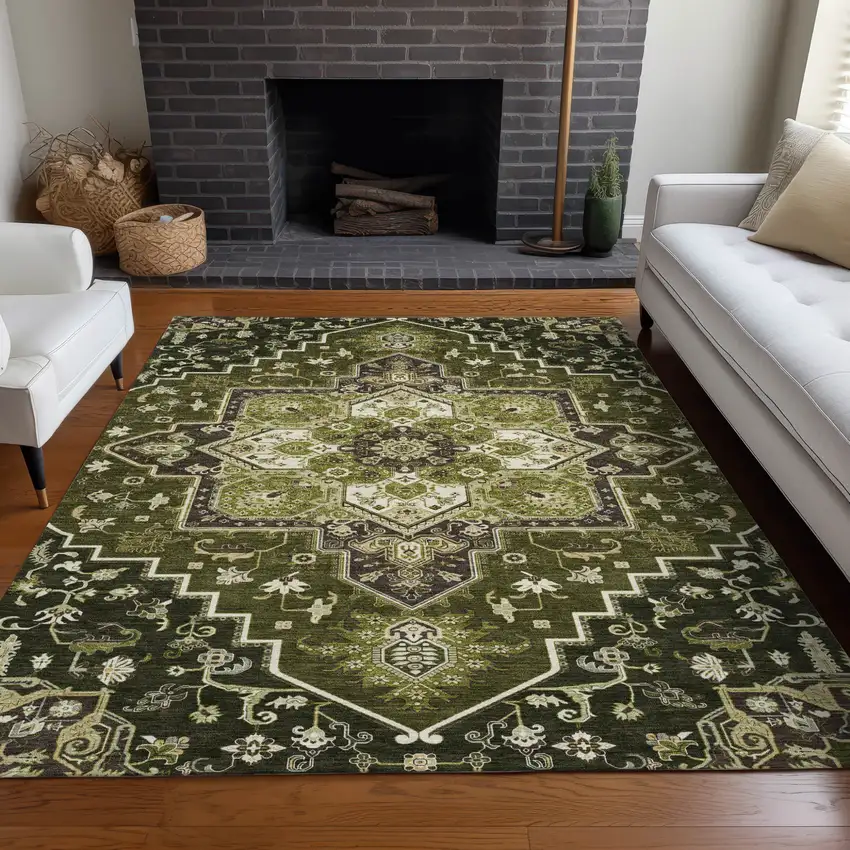 Olive Green Ivory And Brown Oriental Washable Indoor Outdoor Area Rug Photo 9