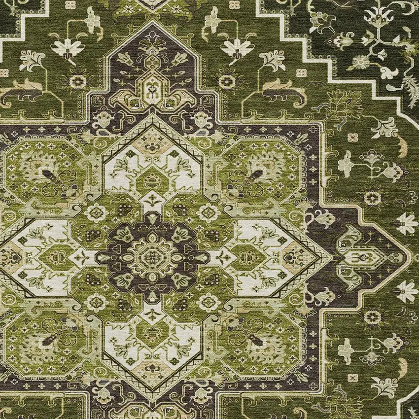 Olive Green Ivory And Brown Oriental Washable Indoor Outdoor Area Rug Photo 5