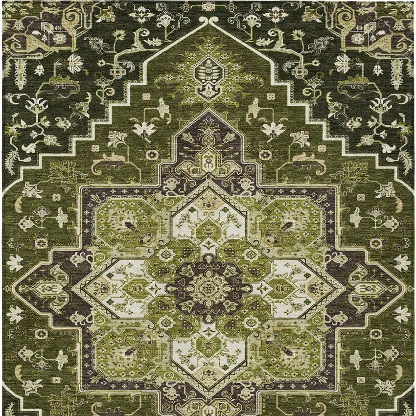 Olive Green Ivory And Brown Oriental Washable Indoor Outdoor Area Rug Photo 7