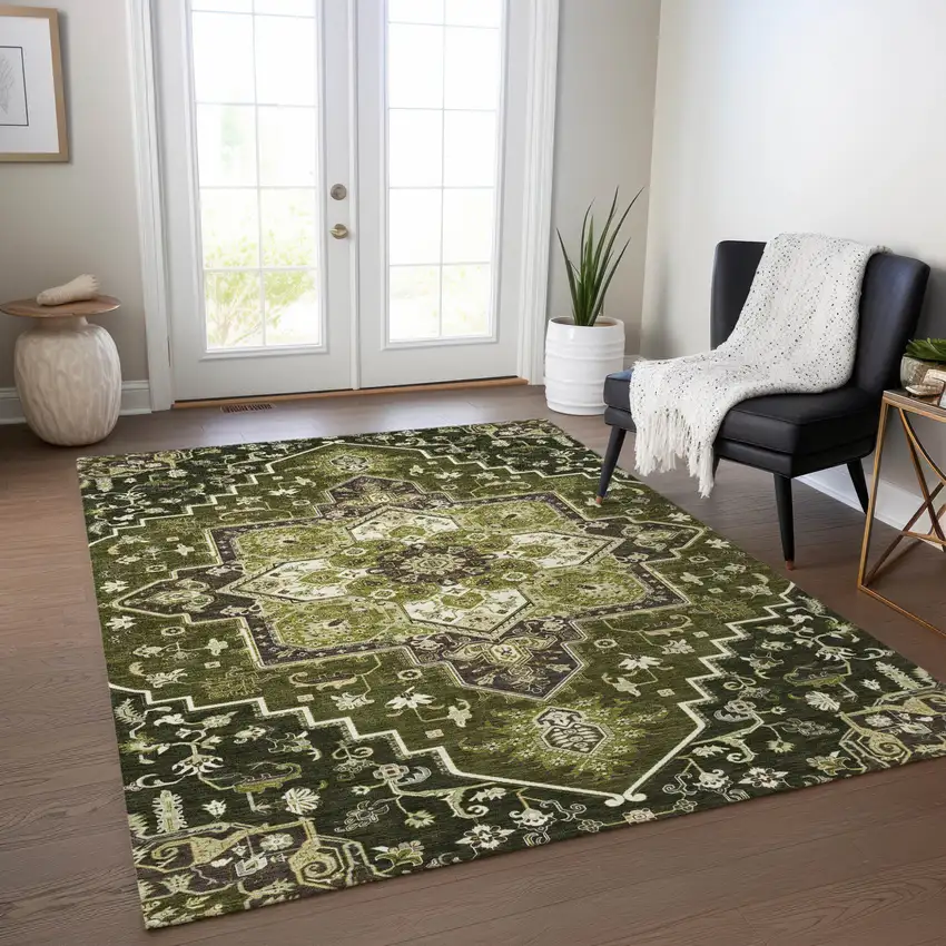 Olive Green Ivory And Brown Oriental Washable Indoor Outdoor Area Rug Photo 9