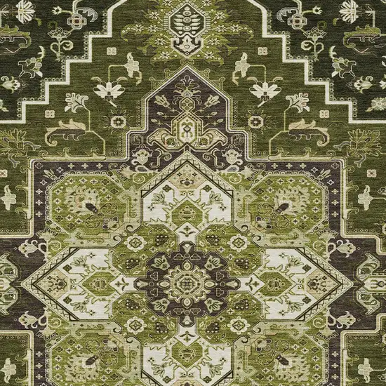 Olive Green Ivory And Brown Oriental Washable Indoor Outdoor Area Rug Photo 6