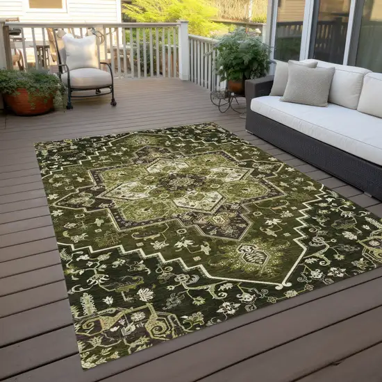 Olive Green Ivory And Brown Oriental Washable Indoor Outdoor Area Rug Photo 9