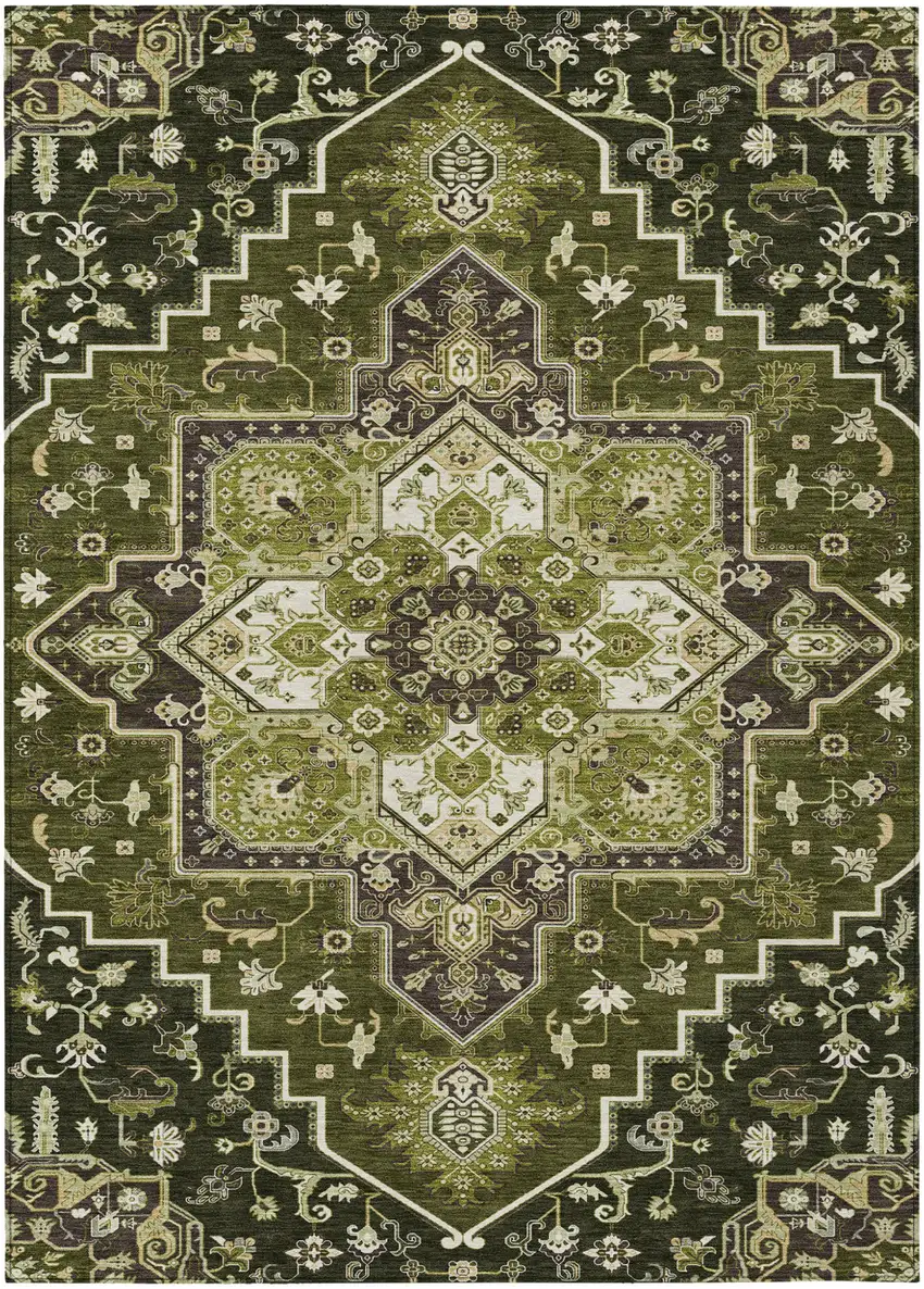 Olive Green Ivory And Brown Oriental Washable Indoor Outdoor Area Rug Photo 2