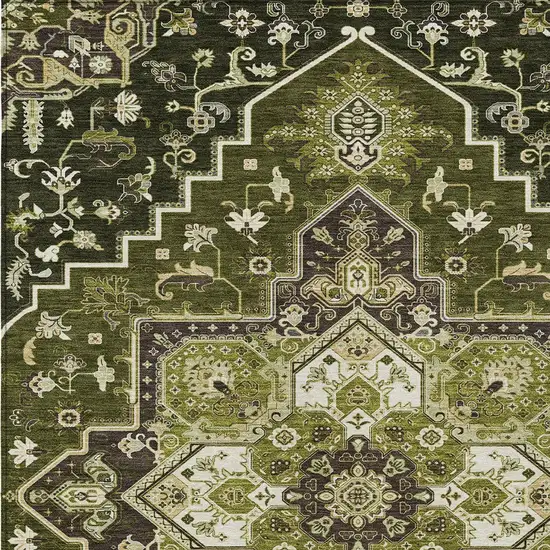 Olive Green Ivory And Brown Oriental Washable Indoor Outdoor Area Rug Photo 6