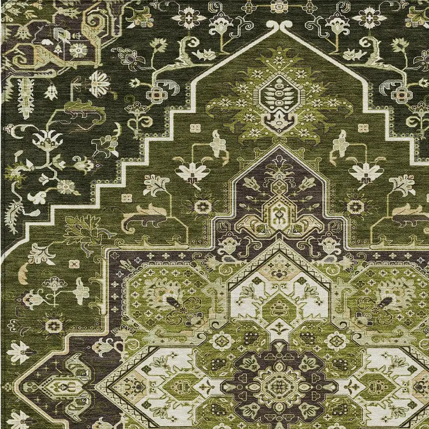 Olive Green Ivory And Brown Oriental Washable Indoor Outdoor Area Rug Photo 6