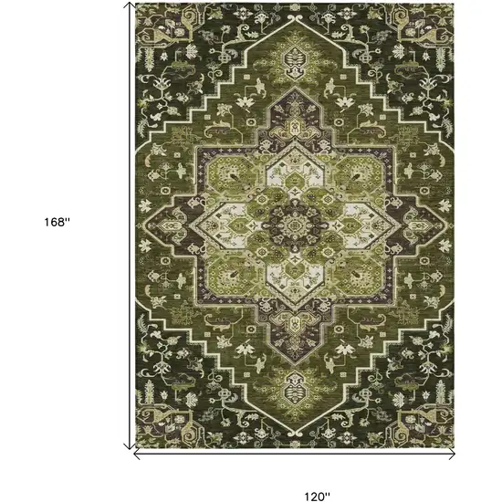 Olive Green Ivory And Brown Oriental Washable Indoor Outdoor Area Rug Photo 3