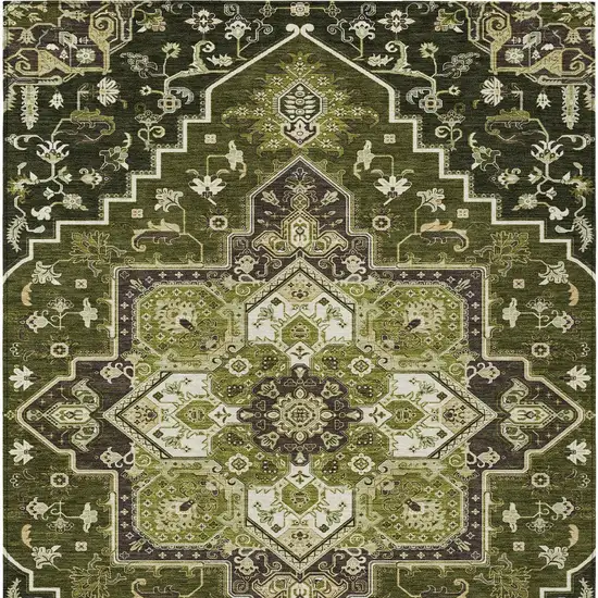 Olive Green Ivory And Brown Oriental Washable Indoor Outdoor Area Rug Photo 8