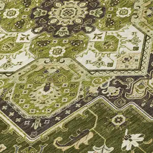 Photo of Olive Green Ivory And Brown Oriental Washable Indoor Outdoor Area Rug