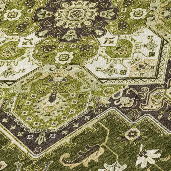 Olive Green Ivory And Brown Oriental Washable Indoor Outdoor Area Rug Photo 7