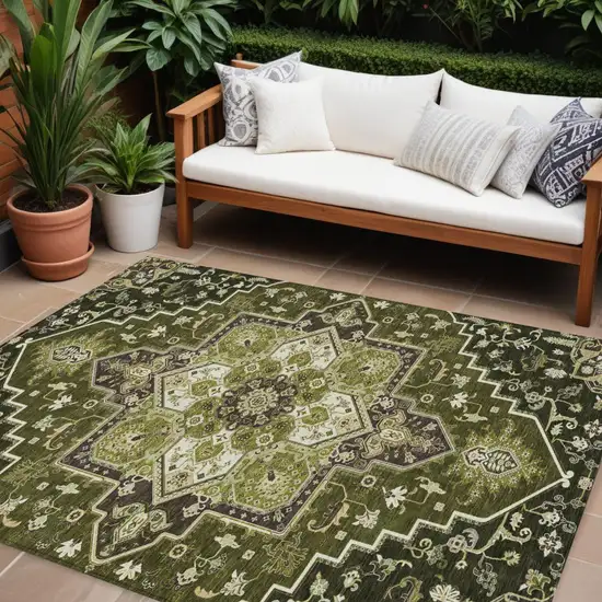 Olive Green Ivory And Brown Oriental Washable Indoor Outdoor Area Rug Photo 1