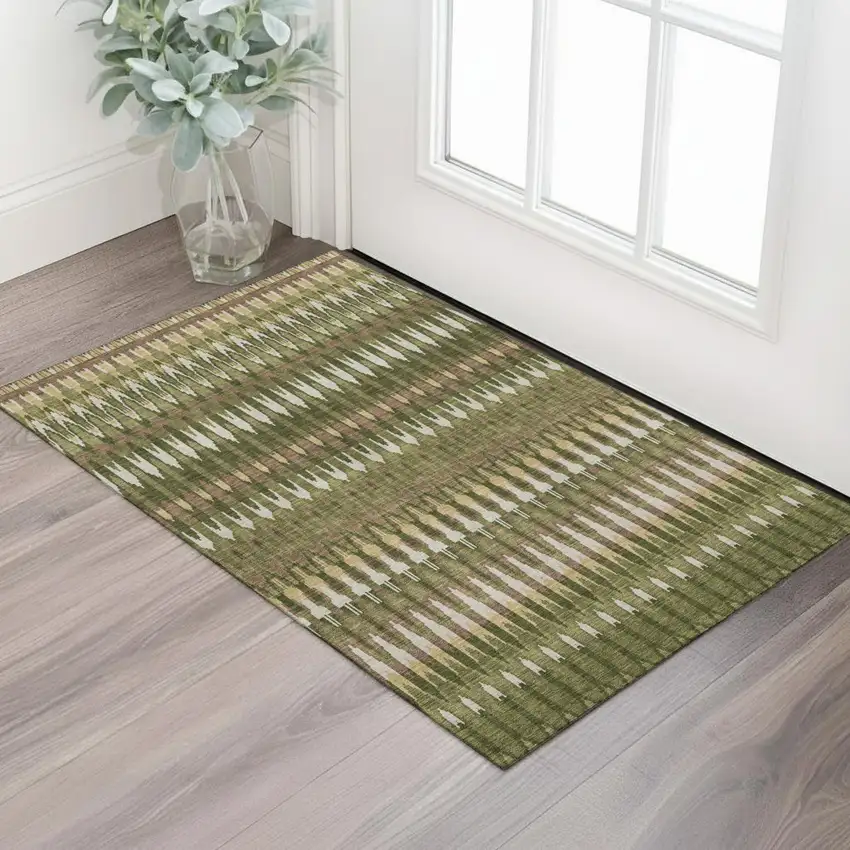 Olive Green Ivory And Brown Southwestern Washable Area Rug With UV Protection Photo 1