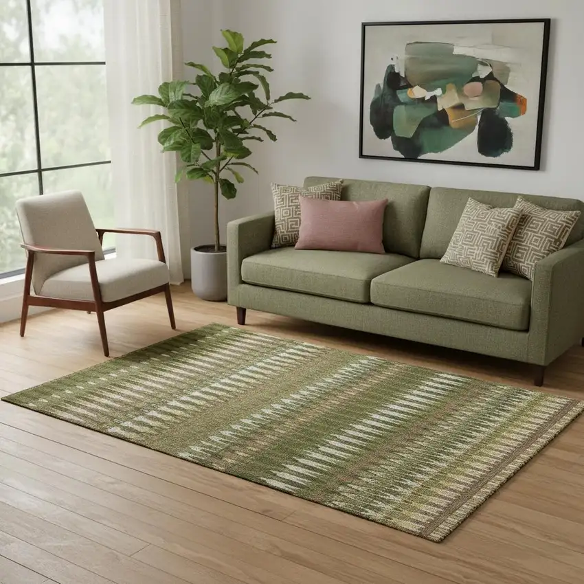 Olive Green Ivory And Brown Southwestern Washable Area Rug With UV Protection Photo 1