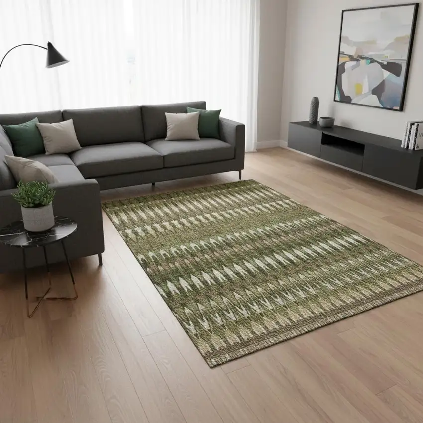 Olive Green Ivory And Brown Southwestern Washable Area Rug With UV Protection Photo 2