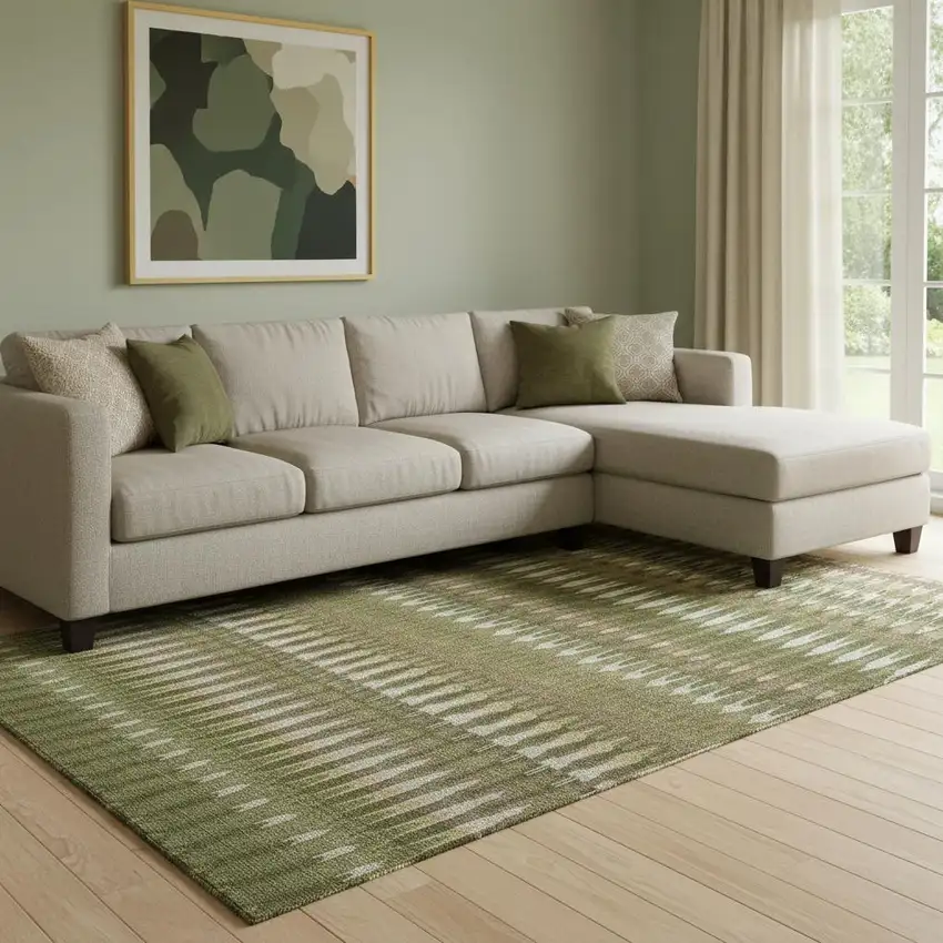 Olive Green Ivory And Brown Southwestern Washable Area Rug With UV Protection Photo 1